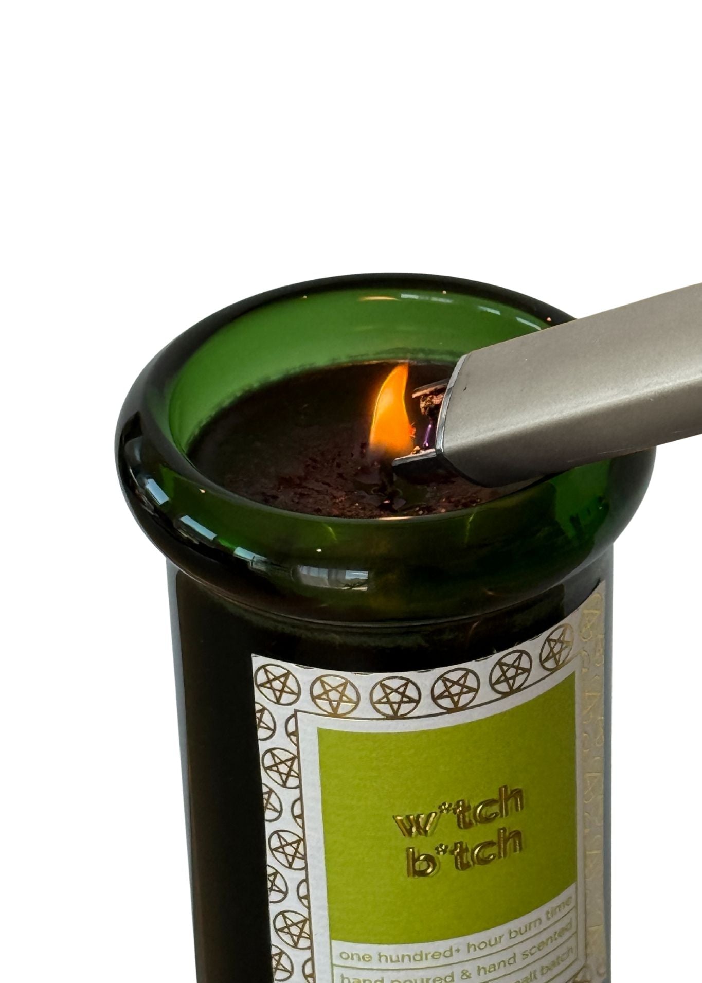 Candle being lit with an electric lighter, featuring a green bong