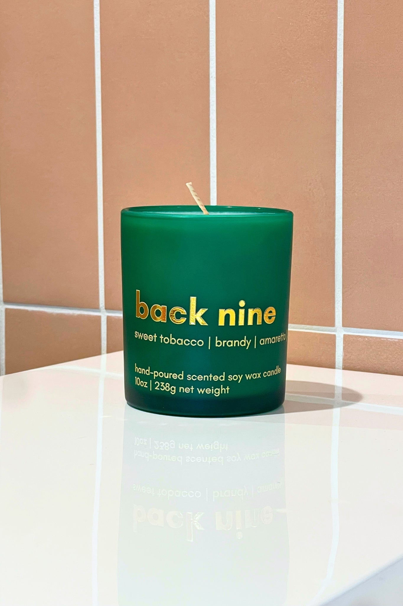 back nine 10oz candle, sweet tobacco, brandy, amaretto scented candle, golf lovers, gifts