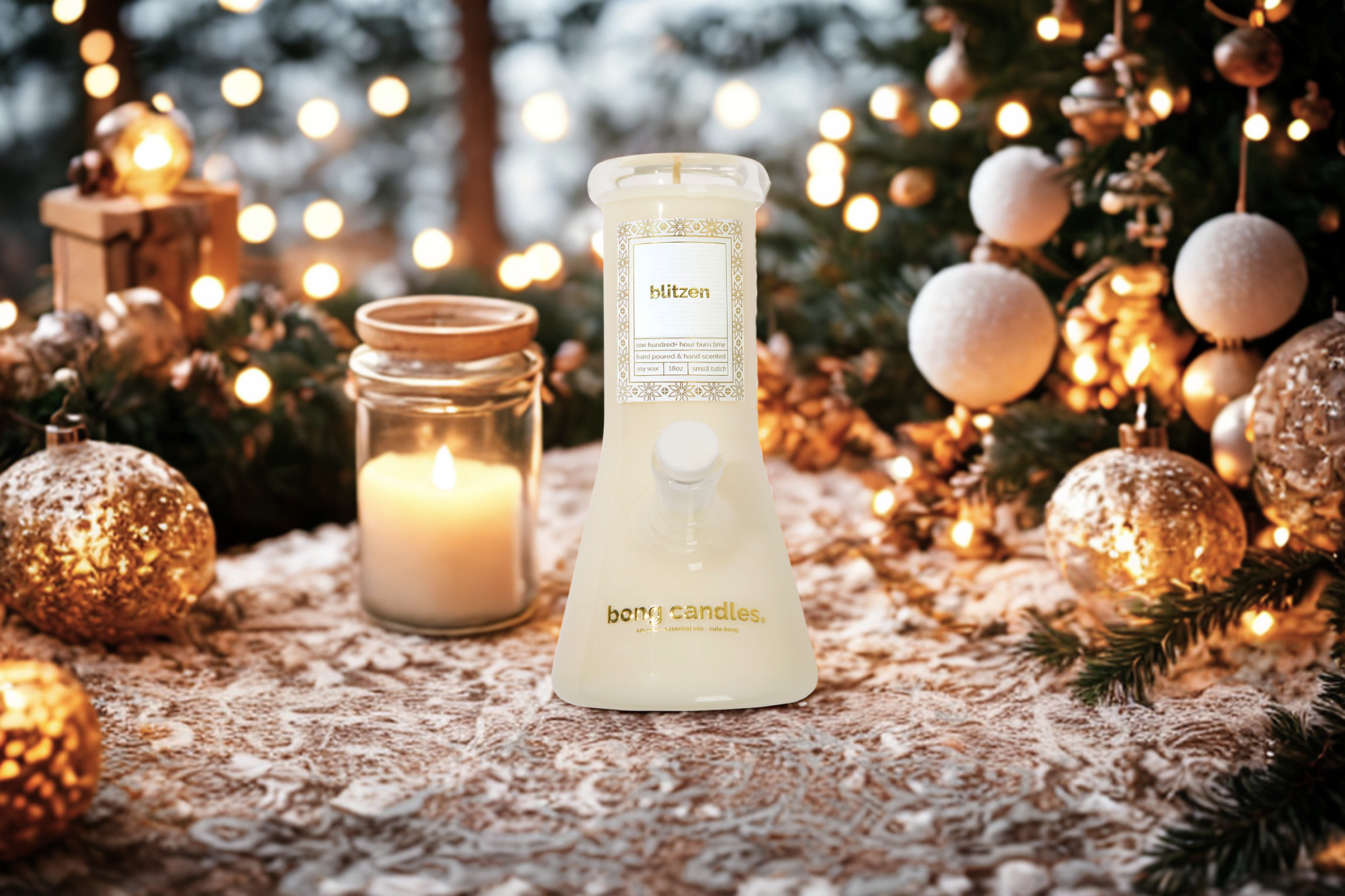 blitzen bong candle in a holiday setting with candles and ornaments