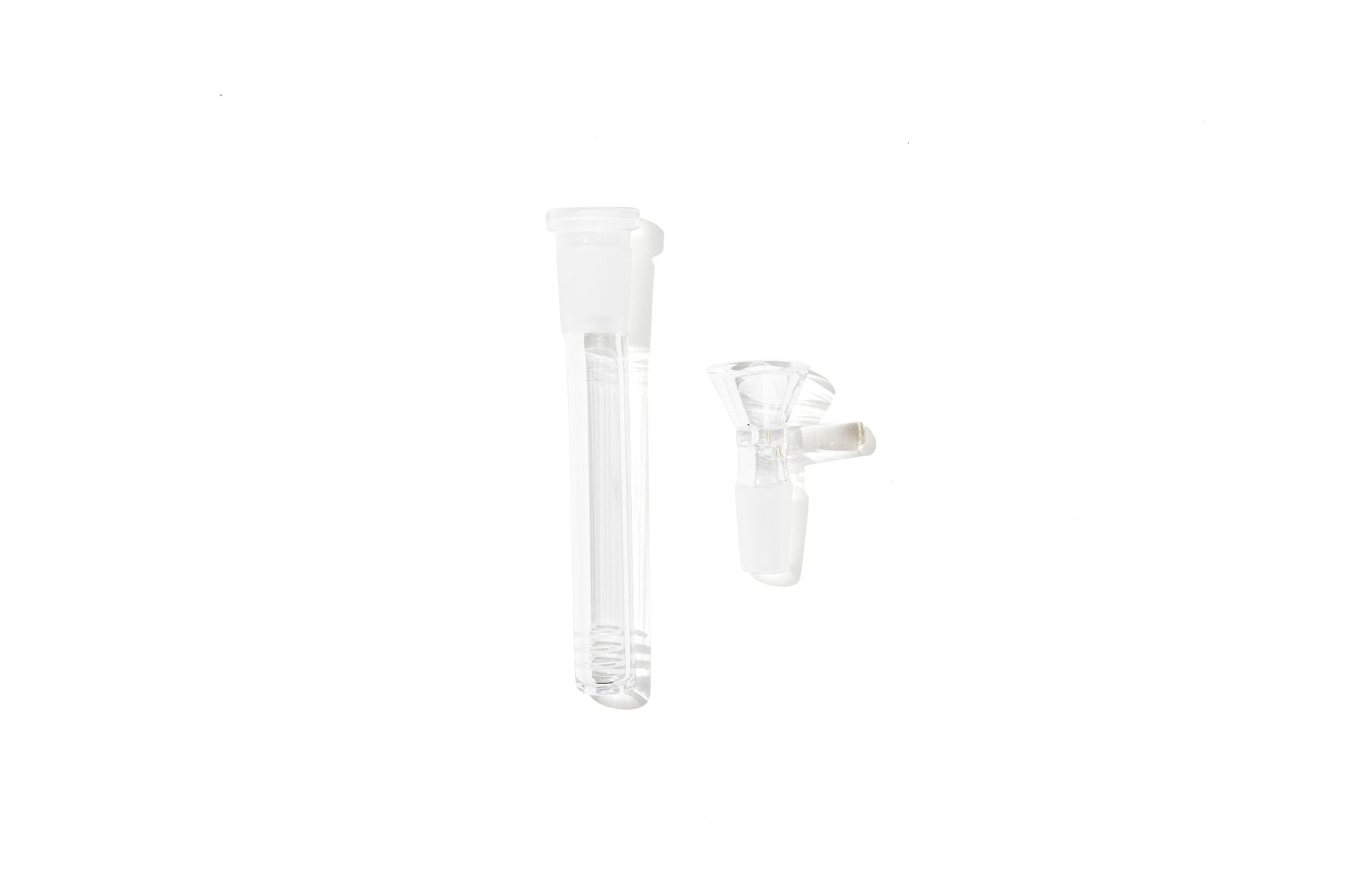 An image showing a set of glass bong accessories, including a downstem and a bowl.