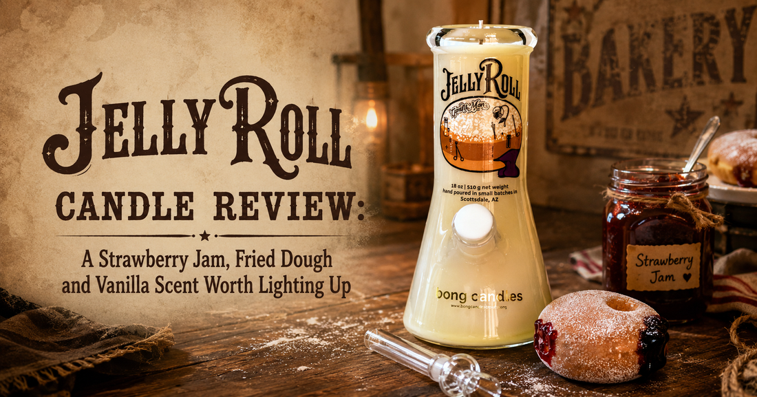 jelly roll bong candle with strawberry jam fried dough vanilla and sugar bakery scent