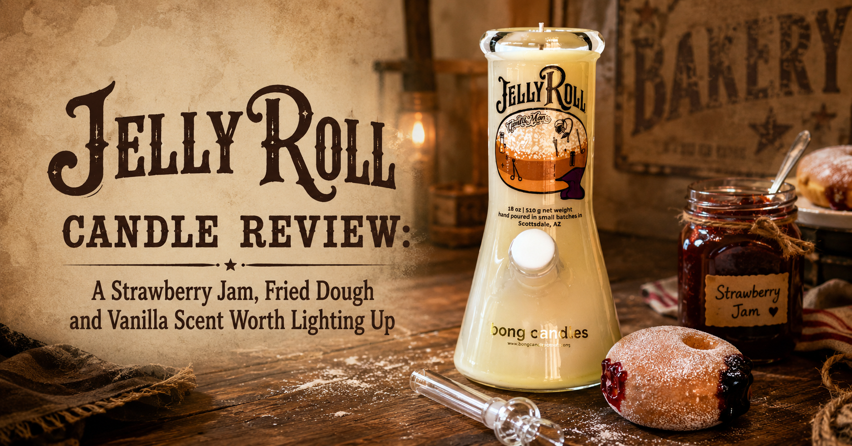jelly roll bong candle with strawberry jam fried dough vanilla and sugar bakery scent