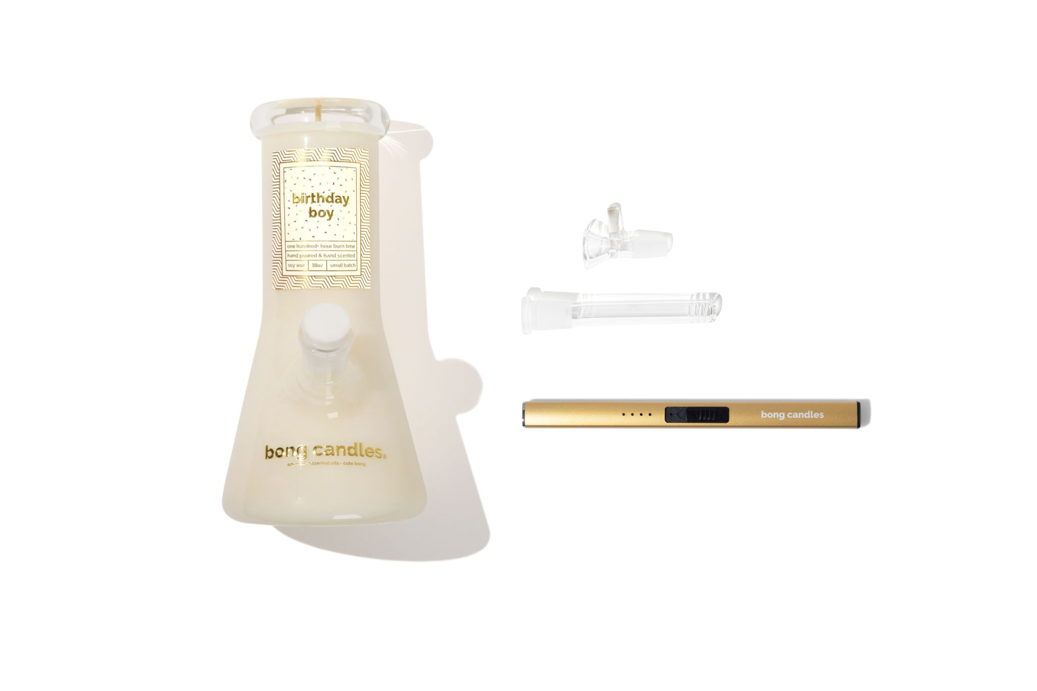 birthday boy bong candle gift set, includes gold electric lighter and downstem + bowl set, birthday gift ideas, candle gifts