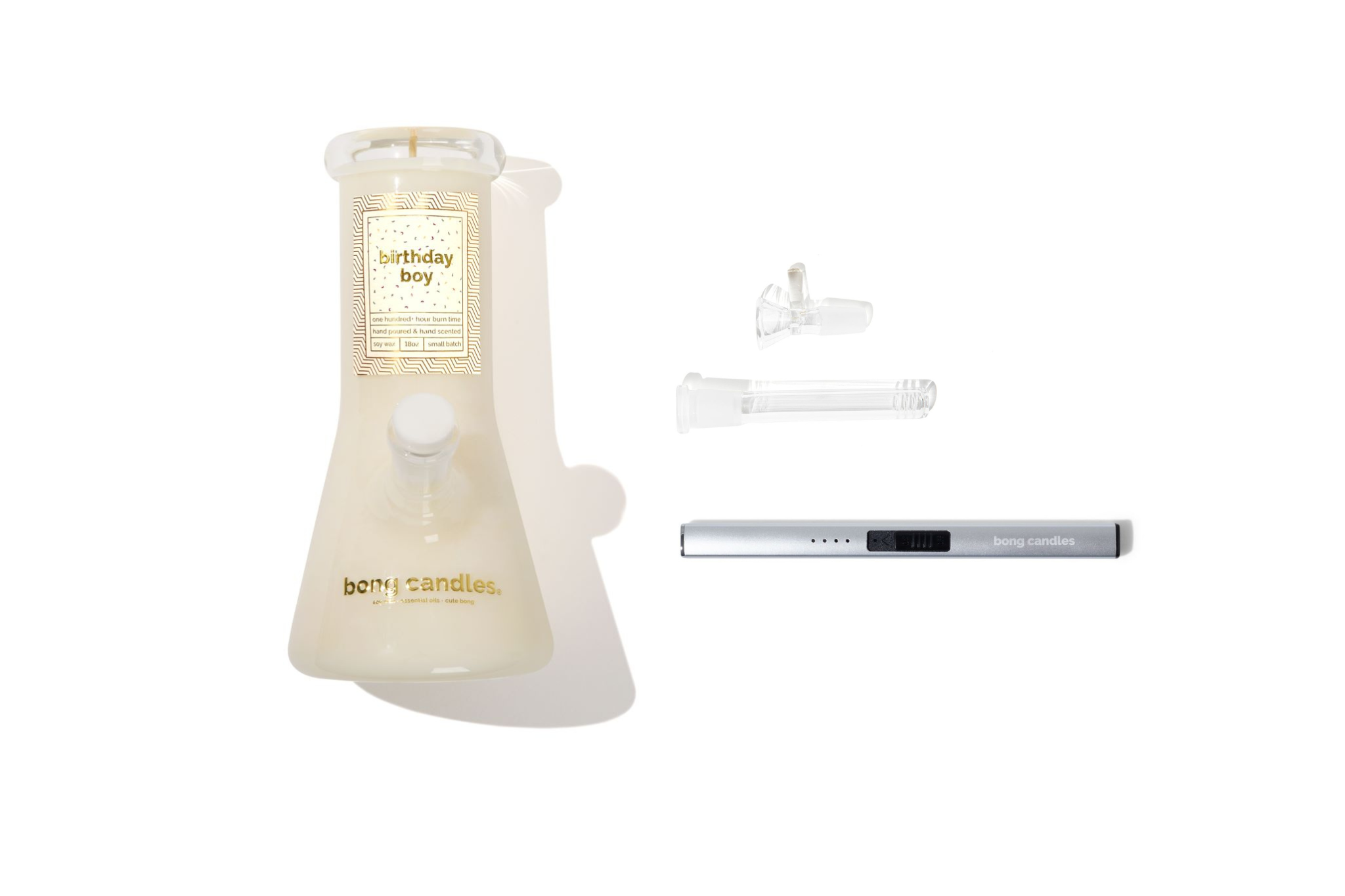 birthday boy bong candle gift set, includes silver electric lighter and downstem + bowl set, birthday gift ideas, candle gifts