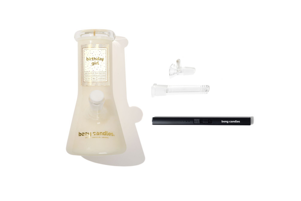 birthday girl bong candle gift set, includes black electric lighter and downstem + bowl set, birthday gift ideas, candle gifts