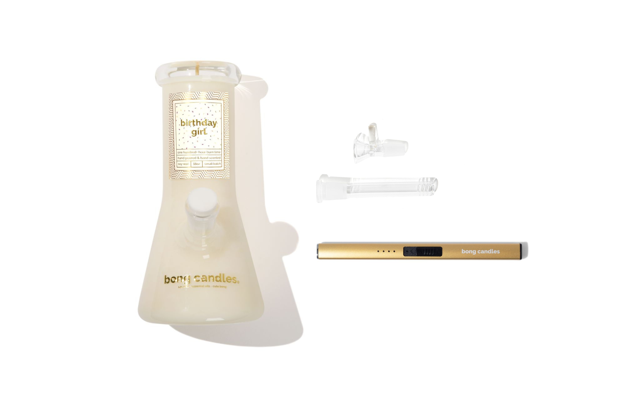 birthday girl bong candle gift set, includes gold electric lighter and downstem + bowl set, birthday gift ideas, candle gifts