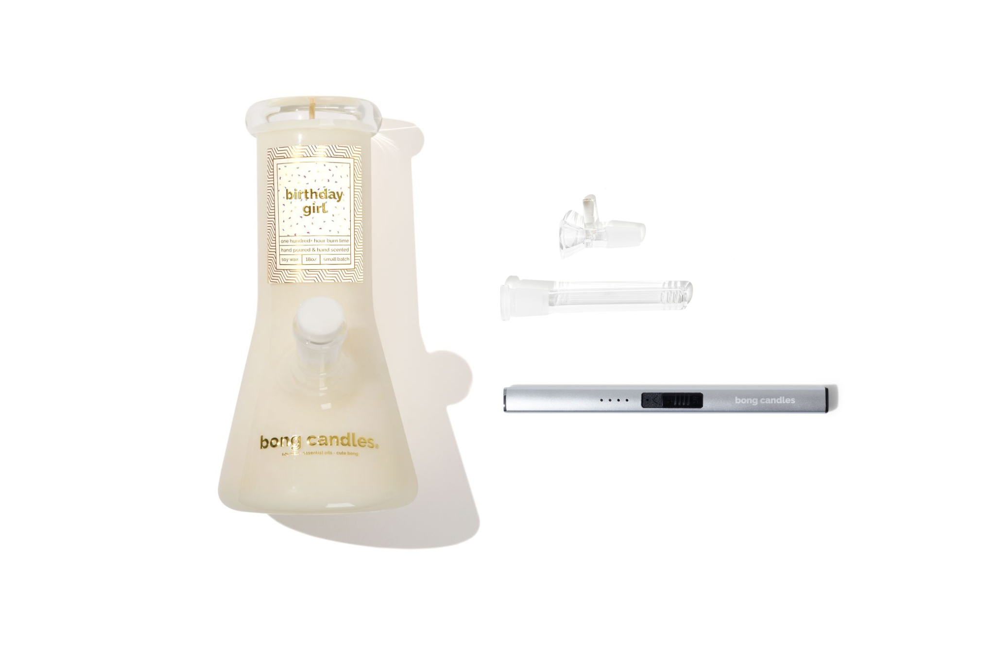 birthday girl bong candle gift set, includes silver electric lighter and downstem + bowl set, birthday gift ideas, candle gifts