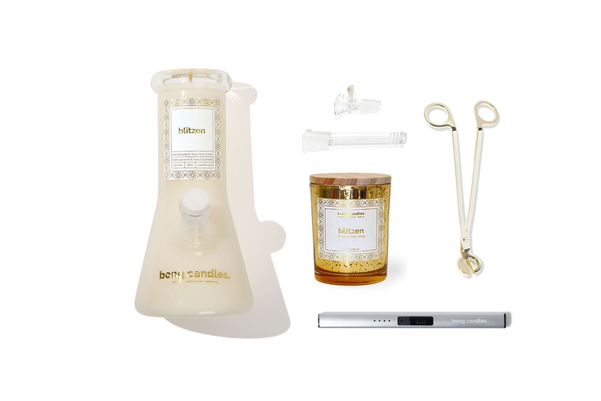blitzen holiday gift set, includes electric lighter, wick trimmer, stash jar candle & downstem + bowl set