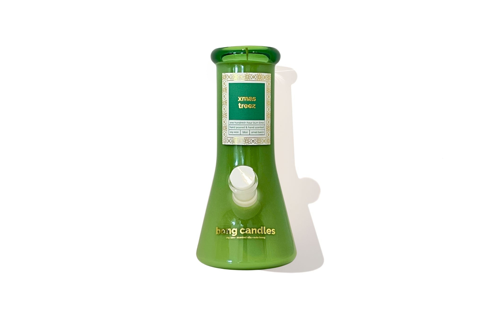 xmas treez scented candle, bong candle, pine candle, christmas candle, pine tree scent, everygreen, cedar, fir, amber, green glass bong