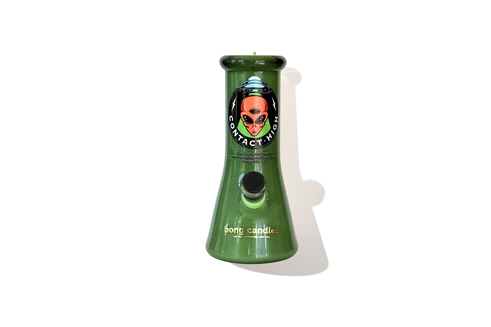 Green contact high bong candle with a logo on a white background