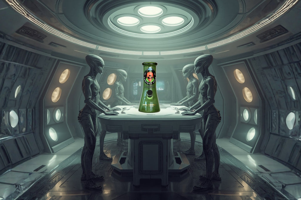 Alien-like creatures in a spacecraft interior with a green bong candle on a table.