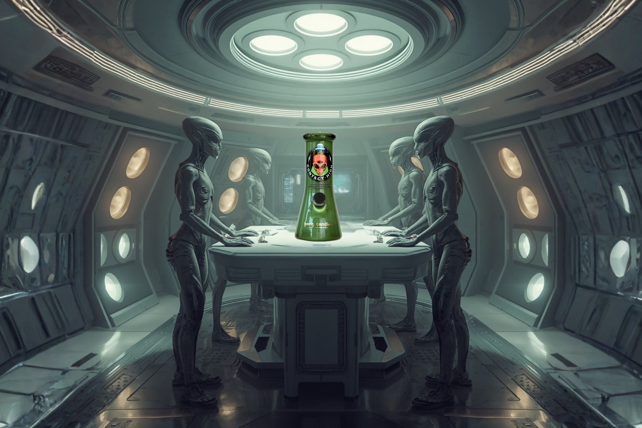 Alien-like creatures in a spacecraft interior with a green bong candle on a table.