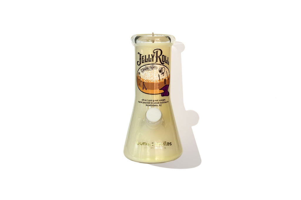Jelly Roll bong candle with label on a white background, bong candles x empire glassworks