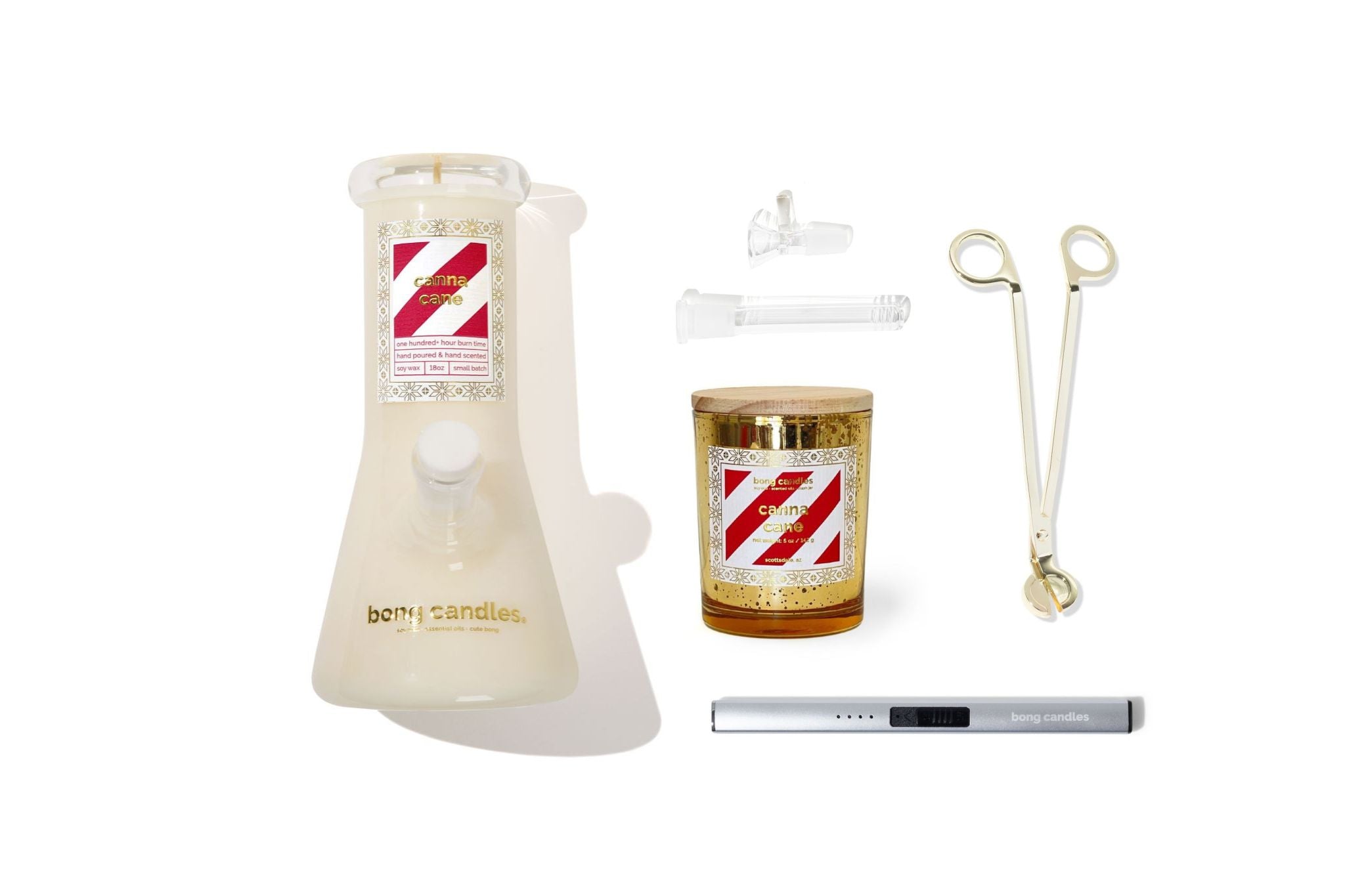 canna cane holiday gift set - clear glass, includes electric lighter, wick trimmer, stash jar candle & downstem + bowl set