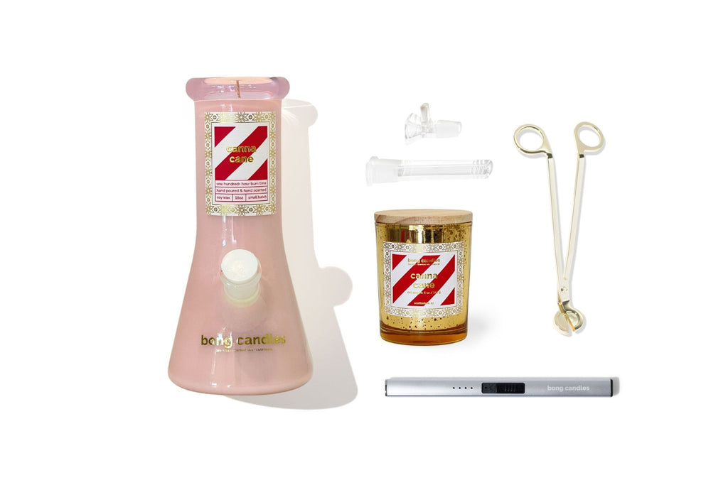 canna cane holiday gift set - pink glass, includes electric lighter, wick trimmer, stash jar candle & downstem + bowl set