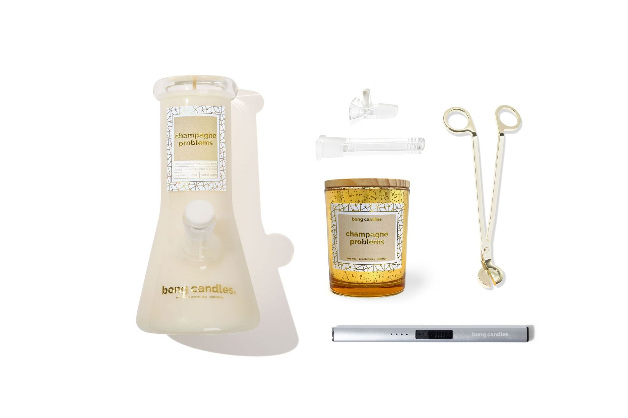 champagne problems holiday gift set, includes electric lighter, wick trimmer, stash jar and downstem + bowl set