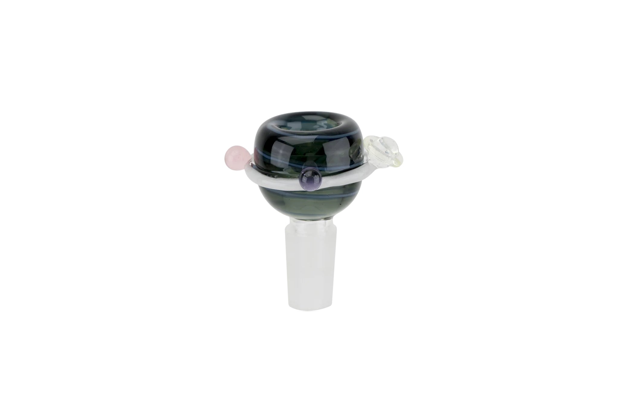 Glass smoking accessory with black and clear components on a white background, glow in the dark downstem + bowl