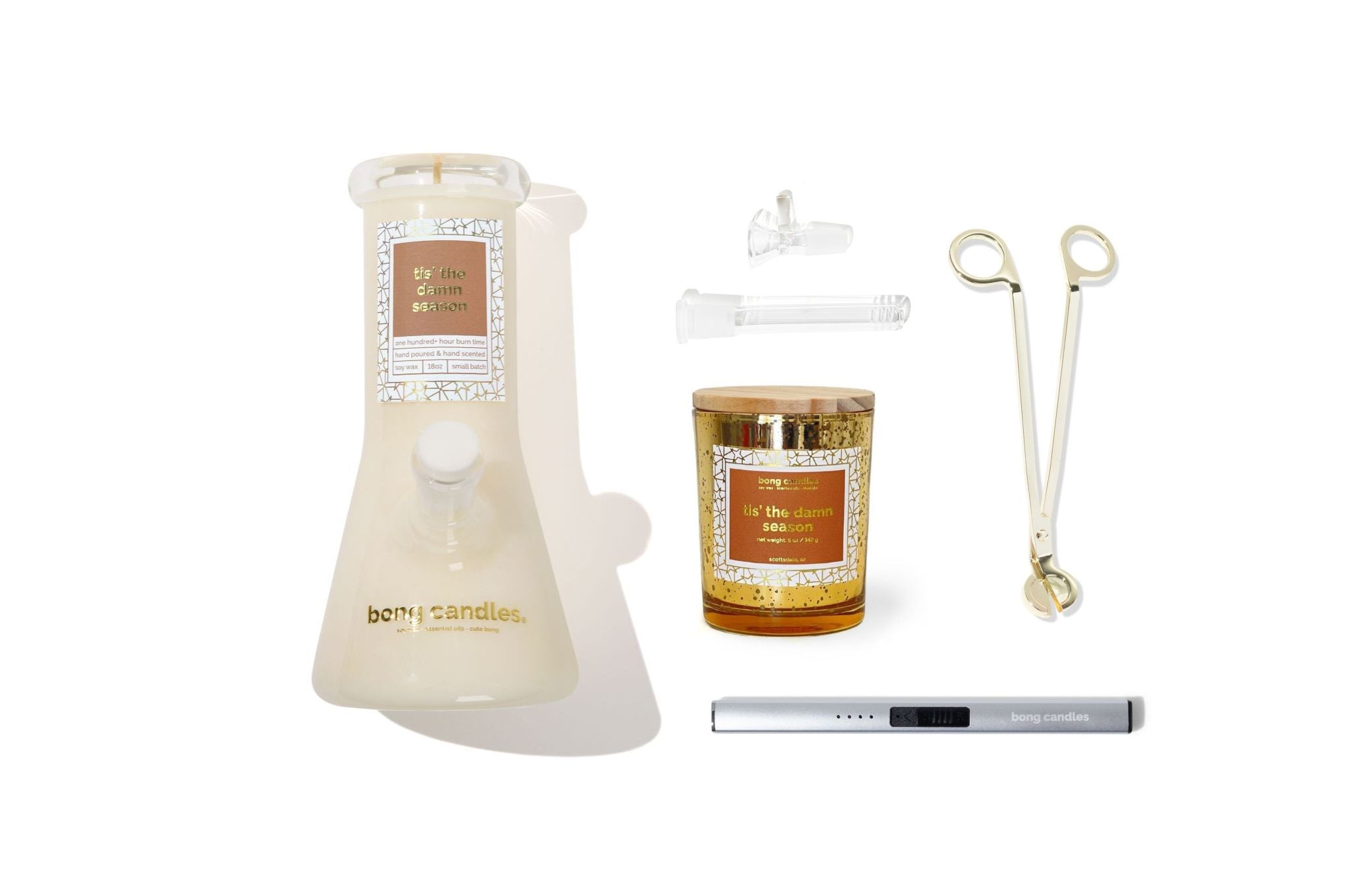 tis' the damn season holiday gift set, stash jar, electric lighter, wick trimmer & downstem + bowl set 